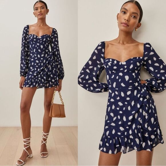 Reformation Milkmaid Cammi Mini Blue Dress Splatter White Ruffle Size 2 - Picture 1 of 11